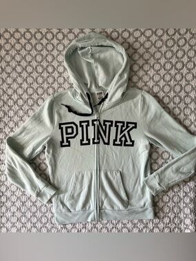 PINK Victoria’s Secret Light Mint Zip-Up Hoodie with Black Logo